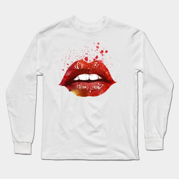 Splash Kiss Red Lips Long Sleeve T-Shirt by Sivan's Designs